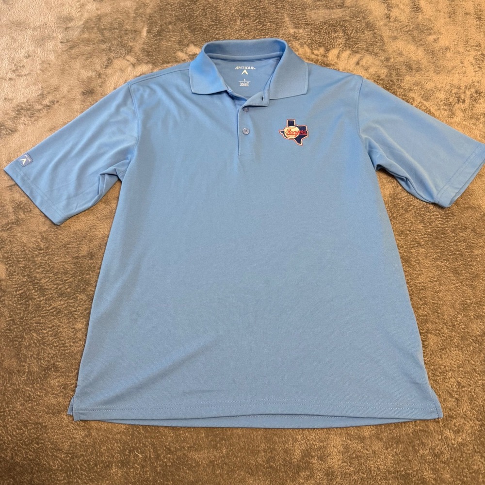 Antigua Mens Light Blue Texas Rangers Polo Shirt Size Small Short Sleeve